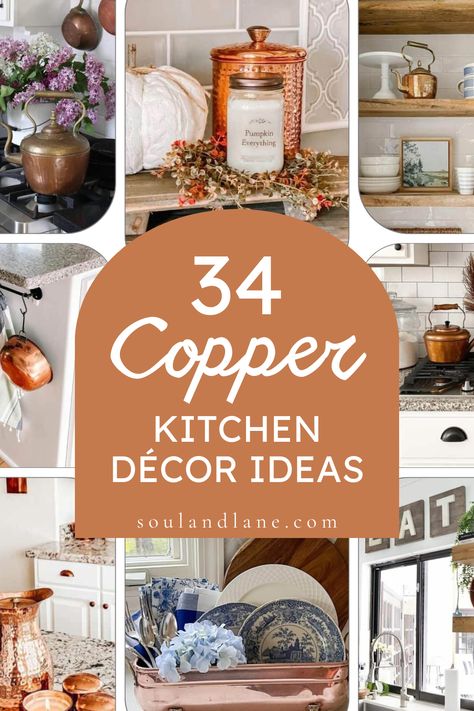 Opt for copper pendant lights over the dining area or countertops to add a cozy ambiance. Accentuate your kitchen with copper utensils, canisters, and backsplashes that shimmer against natural light, creating a vibrant and inviting atmosphere. Even small touches like copper salt and pepper shakers or a vintage copper kettle can make a significant impact. Embrace these copper kitchen decor ideas to craft a space that's not only functional but also richly adorned with the beauty of this timeless m Brick And Copper Kitchen, Copper Pots Above Stove, White Kitchen Copper Accents, Decorating With Copper In The Kitchen, Copper Kitchen Accents Decor, Copper Tray Decor, Copper Accents Kitchen, White And Copper Kitchen, Copper In Kitchen