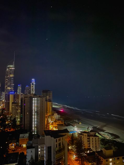 Gold Coast Aesthetic Night, Gold Coast Apartment Aesthetic, Gold Coast Australia Aesthetic, Gold Coast Aesthetic, Surfers Paradise Australia, Baddie Era, Australia Sunset, Fun Aesthetic, Beach Shells