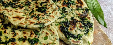 A quick and easy version of a naan bread using self-raising flour in place of yeast. The wild garlic adds pungency and flavour, as well as a striking flecks of foraged greens. You can make this recipe at other points in the year with spinach, instead. Gf Bread Recipe, Spring Lunch, Garlic Recipe, Garlic Naan, Full Fat Yogurt, Foraged Food, Gf Bread, Wild Garlic, Naan Bread