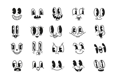 Illustration Eyes Cartoon, Vintage Cartoon Faces, How To Draw Vintage Cartoons, Rubber Hose Halloween, How To Draw Rubber Hose Style Art, Retro Cartoon Faces, 1920 Cartoon Style, Smiley Logo Design, Happy Cartoon Face