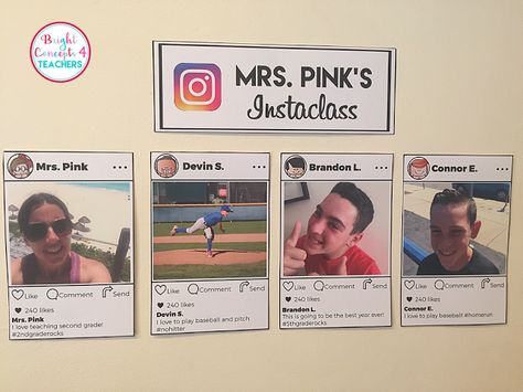 Instagram Theme Bulletin Board, Social Media Classroom Decor, Instaclass Bulletin Board, Social Media Decorations Ideas, Instagram Classroom Board, Social Media Bulletin Board Ideas, Teacher About Me Bulletin Board, Social Media Themed Classroom, Instagram Board Ideas