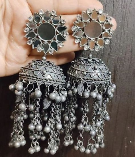 oxidised jewellery 😊earrings ❤ on Instagram: "Black Polish Jhumka ❤️✨ Festive Collection ✨ Direct message us with the screen shot for order🙏 Cash on delivery available💯✅ Shipping All over India🇮🇳 Working days 5-8 days🌸 No bargain❌ #germansilver #germansilverearrings #earringcollection #silverjewellery #silverearrings #oxidisedearcuffs #oxidisedjhumka #chandbaliearrings #earringcollection #mirrorjhumka #mirrorearrings #mirrorjewellery" Black Polish Earrings, Black Oxidised Jhumka, Oxidised Jewellery Earrings, Black Jhumka, Oxidised Jhumka, Jhumka Design, Desi Jewellery, Hindu Goddesses, Patiala Dress