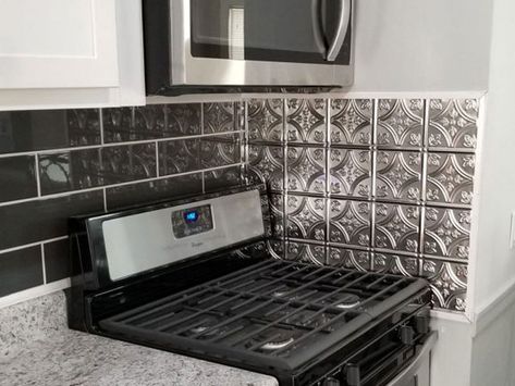 Pros & Cons of Using Tin Ceiling Tiles as a Backsplash Tin Tile Backsplash Kitchen, Pressed Tin Backsplash, Ceiling Tile Backsplash, Tin Tile Backsplash, Tin Backsplash Kitchen, Faux Tin Tiles, Tile Backsplash Kitchen, Tin Kitchen, Pressed Tin