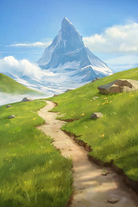 "Mountain pathway" by Mirko C.P. (Jacksonjoker) Mountain Pathway, Digital Art Inspiration, Environment Painting, Mountain Artwork, Mountain Background, Mountain Drawing, Mountain Illustration, Landscape Concept, Arte Sketchbook