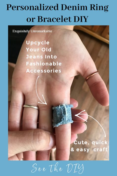 How To Make A personalized denim ring or bracelet Denim Rings Jewelry, Fabric Rings Diy, Denim Accessories Diy, Diy Denim Bracelets, Cute Diy Crafts, Denim Bracelet, Denim Earrings, Repurposing Ideas, Yard Sale Finds