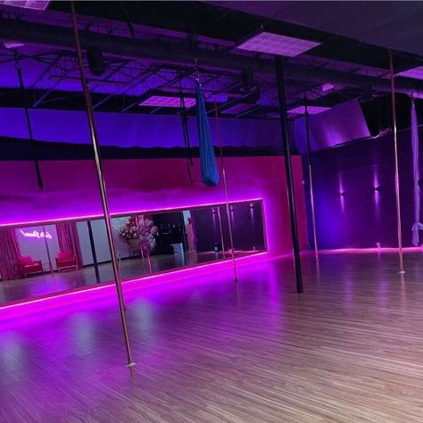 Pink Dance Studio, Glass Gym, Aerial Studio, Pole Studio, Dance Studio Design, Pole Dance Studio, Pool Dance, Window Wrap, Gym Lighting