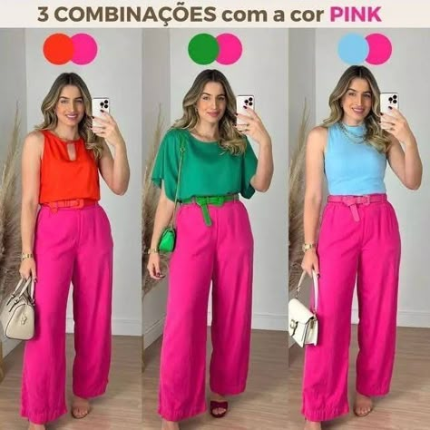 Fucsia Outfit Combination, Fucsia Pants Outfit, Pantalon Rosa Outfit, Pink Trousers Outfit, Pink Pants Outfit, Colour Combinations Fashion, Look Office, Color Combos Outfit, Color Blocking Outfits