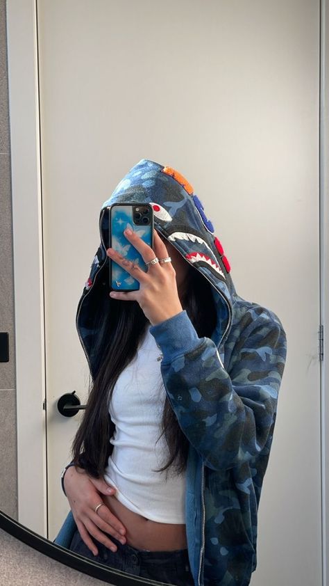 Blue Bape Hoodie, Profile Pic Ideas, Blue Hoodie Outfit, Bape Jacket, Shuffles Aesthetic, Bape Outfits, Bape Hoodie, Shark Hoodie, Blue Mom Jeans