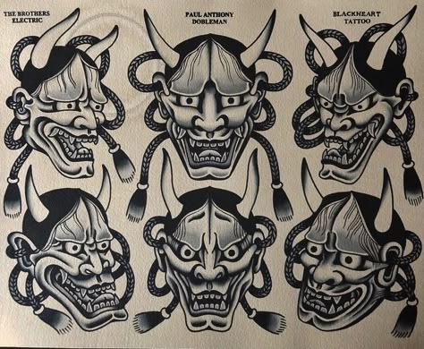 Hannya Mask Traditional Tattoo, American Traditional Hannya Mask, Traditional Japanese Oni Mask Tattoo, Hanna Mask Tattoo, Hanya Mask Tattoo Traditional, Traditional Hannya Mask Tattoo, Japanese Traditional Tattoo Flash, Oni Mask Tattoo Design Ideas, Hannya Mask Tattoo Design