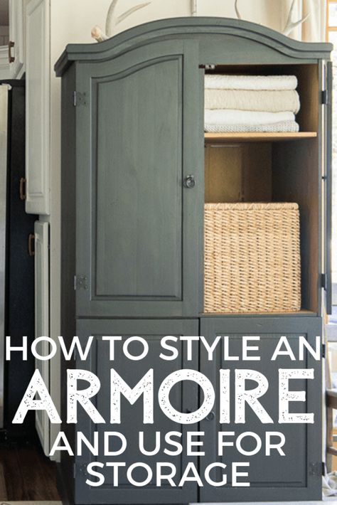 How to style an armoire and use it as valuable storage in your home. How I transformed my cheap, old broken armoire into a stylish black armoire in the living room! How it got a new life with a coat of paint and a few great ideas Armoire Storage Ideas Clothes, Armoire Blanket Storage, Armoire Refinishing Ideas, Armoire Ideas Living Room, Armoire Storage Organizing, White Armoire Makeover, Armoire Uses, Armoire In Closet, Armoire In Laundry Room