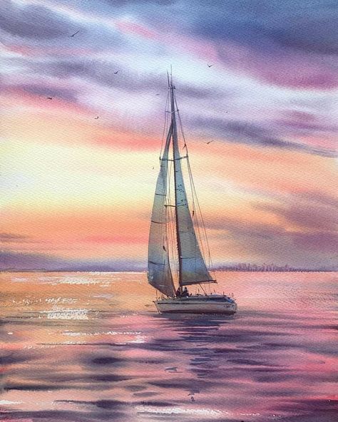 Boat Painting Acrylic, Ocean Art Painting, Watercolor Boat, Dream Boat, Sailboat Art, Sailboat Painting, Watercolor Pictures, Art Watercolor Painting, Boat Art