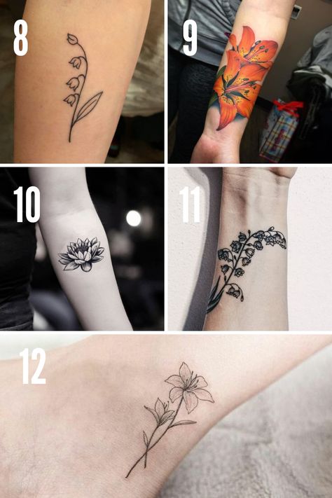 53 Lily Flower Tattoo Ideas That Are Beautiful + Meaningful - tattooglee Lilly Wrist Tattoo, Tattoo Ideas Female Lily Flower, Lily Flower Wrist Tattoo, Lily Wrist Tattoo, Lilly Tattoo Meaning, Lily Flower Ankle Tattoo, Lily Tattoos For Women Color, Waterlily Tattoos, Tiger Lily Tattoo