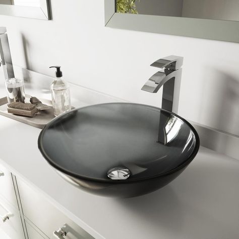 Glass Bathroom Sink, Drop In Bathroom Sinks, Black Faucet, Modern Bathroom Sink, Wall Mount Faucet Bathroom, Glass Vessel Sinks, Vessel Faucets, Waterfall Faucet, Vessel Bathroom Sink