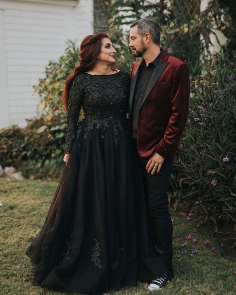 Black Wedding Dresses With Edgy Elegance ★ black wedding dresses a line with long sleeves lace modest cocomelody Black Wedding Plus Size Dress, Bride Dress Black With Sleeves, Dark Wedding Dress Plus Size, Black Wedding Dresses With Sleeves, Non Traditional Wedding Dress Plus Size Black, Long Sleeve Black Wedding Dress, Black Long Sleeve Wedding Dress, Gothic Wedding Menswear, Black Wedding Dress Plus Size