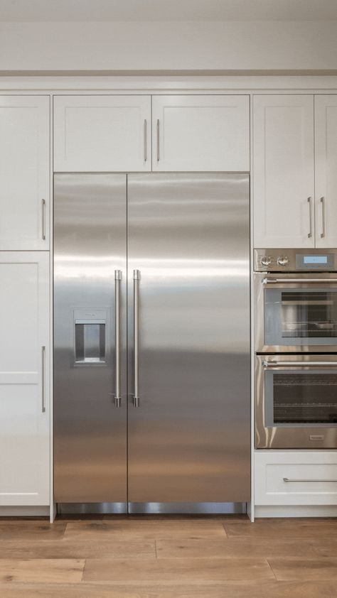 Fridge depth guide by Superior Cabinets. Fridge Depth Cabinets, Integrated Refrigerator Cabinet, Refrigerator Flush With Cabinets, Fridge Flush With Cabinets, Fridge And Stove Side By Side, Double Fridge Kitchen, Fridge Cabinet Surround, Modern Fridge, Built In Fridge