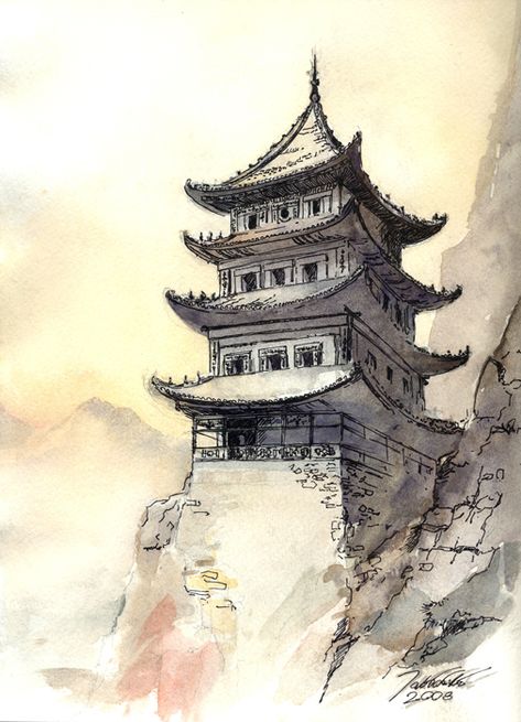 Pagoda Sketch, Japanese Temple Architecture, Chinese Temple Painting, Chinese Temple Architecture, Pagoda Drawing, Japanese Pagoda Drawing, Japan Temple Drawing, Japanese Temple Sketch, Chinese Temple Drawing