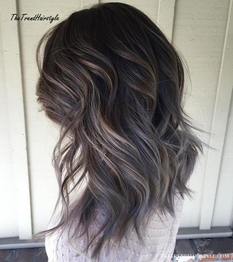 Grey highlights are absolutely fabulous on dark brown hair. With black hair the contrast is stark, but with brown layers like these, you can achieve a very soft, blurred look. Grey Balayage, Grey Brown Hair, Gray Balayage, Grey Highlights, Ash Brown Hair, Dark Hair With Highlights, Transition To Gray Hair, Brown Balayage, Penteado Cabelo Curto