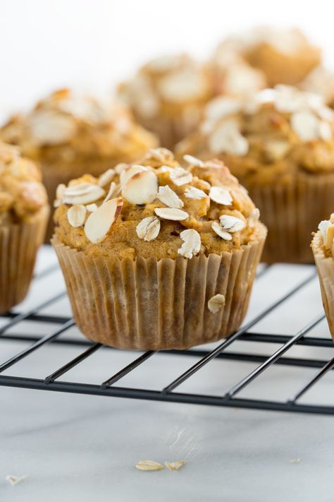 Vegan Pumpkin Pear Almond Muffins - Tender moist pumpkin muffins are packed with sauteed spiced pears, crunchy almonds and wholesome oats | jessicagavin.com Healthier Muffins, Pop Overs, Muffin Ideas, Spiced Pears, Moist Pumpkin Muffins, Vegan Pumpkin Muffins, Pear Muffins, Pear Almond, Almond Muffins