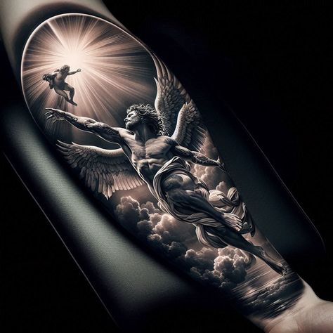 Mythology Sleeve Tattoo, Best Shoulder Tattoos Men, Guardian Angel Tattoo For Men, Realistic Sleeve Tattoo, Tattoos Jesus, Jesus Tattoo Sleeve, Dark Angel Tattoo, Archangel Michael Tattoo, Realistic Tattoo Ideas