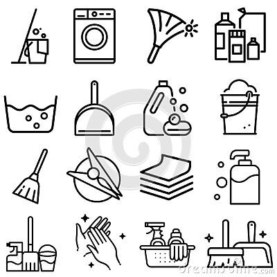 cleaning-vector-icon-set-housekeeping-illustration-sign-collection-clean-symbol-can-be-used-web-sites-mobile-applications Cleaning Icons Aesthetic, Housekeeping Drawing, Cleaning Doodles, Cleaning Supplies Drawing, Housekeeping Illustration, Cleaning Products Logo Design, Cleaning Symbols, Logo For Cleaning Products, Cleaning Buisness