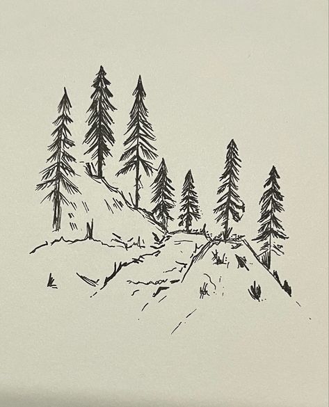 Tree And Mountain Drawing, Pine Tree Simple Drawing, Aspen Tree Sketch, Outdoorsy Sketches, Coniferous Trees Drawing, Landscape Doodles Easy, Mountains And Trees Drawing, Easy Tree Sketch, Easy Fineliner Drawings