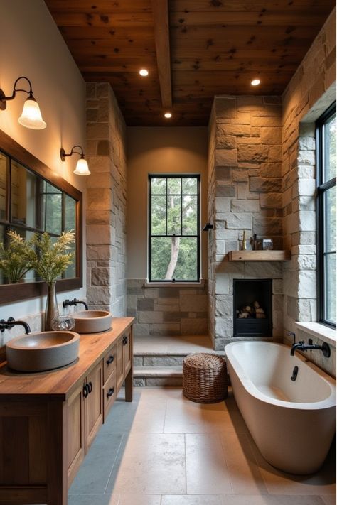 Lodge Master Bath, Country Master Bath Ideas, Bathroom His And Her Vanity, Cool Master Bathrooms, Mountain House Interior Bathroom, Stone And Wood Cottage, Stone Wall Behind Bathtub, Wet Room Master Bath Ideas, Nature Inspired Master Bath