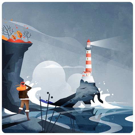 Lighthouse Mural, Stormy Lighthouse, Lighthouse Illustration, Child Illustration, Procreate Ideas, Lighthouse Art, Illustration Styles, Autumn Illustration, Stormy Sea