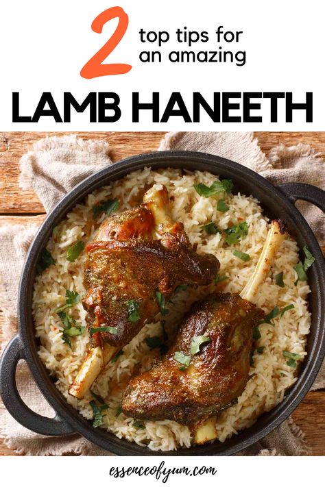 A casserole dish full of basmati rice with two golden brown Yemeni haneeth lamb shanks on top plus the text 2 top tips for an amazing lamb haneeth. Lamb Haneeth Recipe, Yemeni Recipes, Yemeni Food, Ramadan Recipes Iftar, Lamb Stew, Lamb Dishes, Lamb Shanks, Ramadan Recipes, Lamb Chops