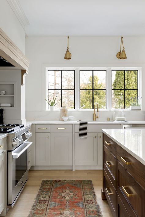 Get the look behind this Modern Farmhouse inspired kitchen. Revealing sources for the gold hardware, light fixtures, appliances, and accessories. Walnut Island, Cabinet Trends, Kitchen Cabinet Trends, Grey Kitchen Designs, Walnut Kitchen, Wood Island, Cabinet Door Styles, Grey Kitchen Cabinets, Transitional Kitchen