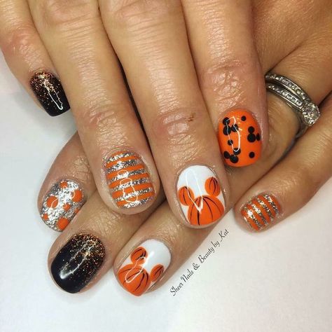 Aug 18, 2021 - This Pin was discovered by Marci Lawson. Discover (and save!) your own Pins on Pinterest Disney Mani Pedi Ideas, Fall Disney Nails Simple, Halloween Nails Mickey, Mickey Nails Halloween, Disney Nail Designs Halloween, Halloween Disney Nails Acrylic, Mickey Mouse Fall Nails, Mickey Mouse Pumpkin Nails, Halloween Disneyland Nails