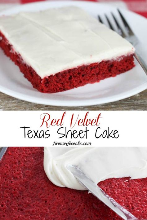 Red Velvet Texas Sheet Cake with cream cheese frosting has your favorite red velvet flavor, can be made in a hurry and will feed a crowd! #sheetcake #cakerecipe Square Red Velvet Cake, Red Velvet Sheet Cake Recipe, Fancy Deserts, Texas Sheet Cake Recipe, Red Velvet Flavor, Bolo Red Velvet, Velvet Cake Recipes, Texas Sheet, Texas Sheet Cake