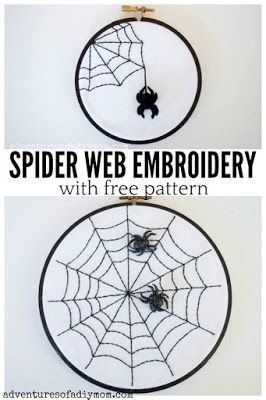 Make spooky spider web embroidery art with this free pattern. Paint the embroidery hoop black and add some spider buttons to finish it off. This project is so easy and festive. Perfect decor for Halloween. Cute Gifts For Him, Spiderweb Embroidery, Spider Web Embroidery, Web Embroidery, Spooky Spider Web, Diy Mom, Halloween Sewing, Halloween Embroidery Designs, Design Motifs