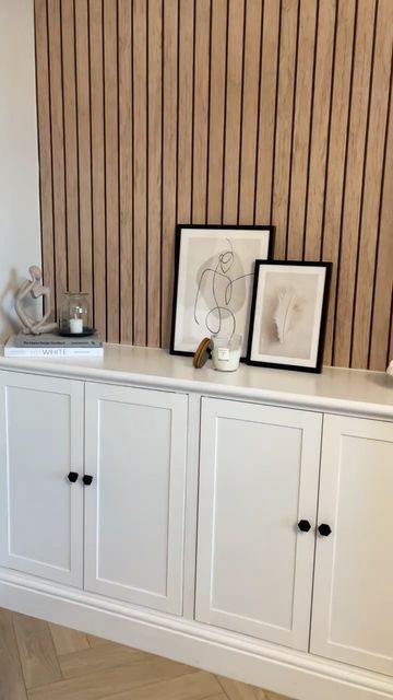 Entrance Alcove Ideas, Slat Wall Cabinets, Built In Storage Wall Storage Cabinets, Ikea Built In Sideboard Hack, Alcove Ikea Hack, Alcove Panelling Ideas, Ideas For Alcoves In Living Room, Ikea Alcove Storage Hack, Panelled Alcoves Living Room