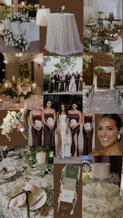 Flowers, bridal party, brown theme, wedding Green Moody Wedding, Brown Wedding Aesthetic, Espresso Wedding, Western Chic Wedding, Brown Wedding Theme, Chocolate Brown Wedding, Brown Wedding Themes, Neutral Wedding Decor, White Chair Covers