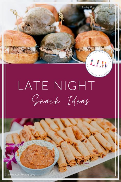 Presenting your guests with something tasty towards the end of the dance party (and open bar) is always appreciated! Read this blog for all our favorite late night snack ideas! #loveletterweddings #LLW #destinationweddingplanner #destinationwedding #hawaiiweddingplanner #hawaiiwedding #oahuweddingplanner #oahuwedding #tropicalwedding #colorfulwedding #weddingplanner #weddingstyle #weddinginspiration #engaged #weddingstylist #weddingdesign #weddingplanning #islandwedding #luxuryweddings Midnight Lunch Ideas Wedding, Wedding Late Night Snack Ideas, Late Night Snacks Wedding, Late Night Snack Ideas, Wedding Late Night Snacks, Night Snack Ideas, Steamed Bao Buns, Wedding Food Stations, Wedding Snacks