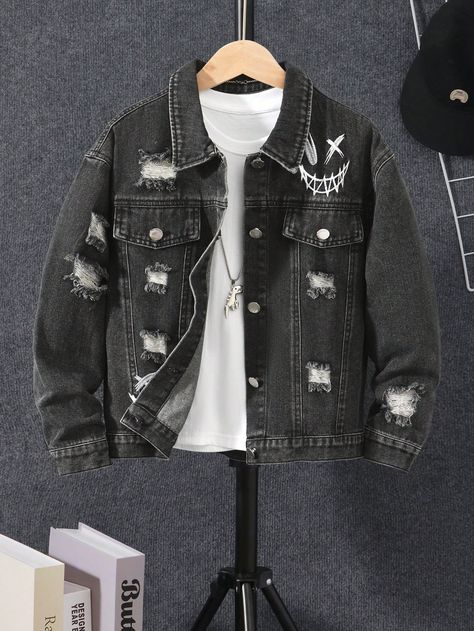 Tween Boy Smiling Face Embroidered Casual Denim Jacket, Street & Resort Wear, For Halloween Party Black Casual  Long Sleeve Denim Animal,Plain Other Non-Stretch  Tween Boys Clothing, size features are:Bust: ,Length: ,Sleeve Length: Boys Jean Jacket, Boys Denim Jacket, Casual Denim Jacket, Boys Denim, Smiling Face, Fete Halloween, Boys Jeans, Boys Clothing, Casual Denim