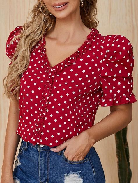 Red and White Casual Short Sleeve Polyester Polka Dot Top Non-Stretch Summer Women Tops, Blouses & Tee Polka Dot Tops, Red Polka Dot Top, Ladies Blouses, Fashion Travel Outfit, Frilly Blouse, Skater Style Dress, Dots Dress, Sewing Projects Clothes, Stylish Short Dresses