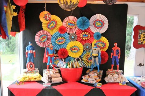 Loving the dessert table at this Superhero Birthday Party!! See more party ideas and share yours at CatchMyParty.com #superhero #desserttable Superhero Birthday Party Ideas, Avengers Birthday Party Decorations, Pop Art Party, Birthday Superhero, Superman Party, Iron Man Birthday, Superhero Baby Shower, Wonder Woman Birthday, Marvel Party