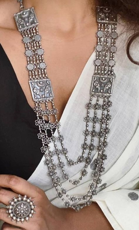 Manja Jewellery - silver neckpiece Oxidised Long Necklace, Oxidised Silver Jewelry With Saree, Indian Oxidised Jewellery, Oxidised Jewellery With Saree, Oxidised Jewellery Necklaces, Silver Jewellery Indian Antique, Garba Jewellery, Trendy Silver Jewelry, Junk Jewellery