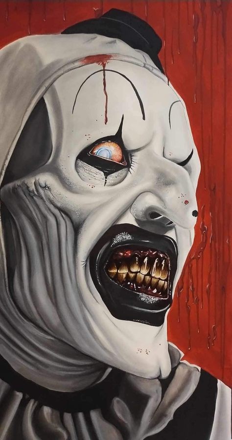 Clown Horror Art, Art The Clown Painting, Scary Wallpaper Backgrounds, Art The Clown Terrifier Wallpaper, Terrifier Painting, Art The Clown Terrifier Tattoo, Art The Clown Terrifier Drawing, Art The Clown Wallpaper, Creepy Clown Drawing