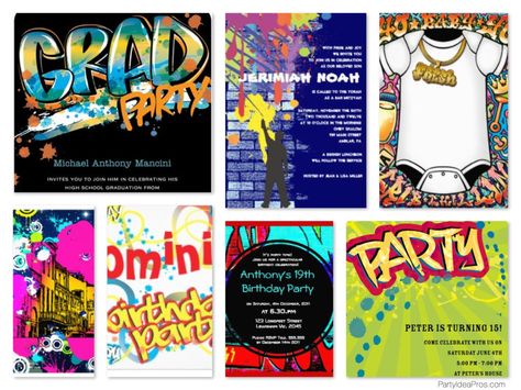 Graffiti Theme Party invitations Graffiti Theme Party, Graffiti Theme, Skateboard Birthday Party, Graffiti Party, Graffiti Room, Chalkboard Party, Skateboard Birthday, Red Birthday Party, Mickey Mouse Invitations