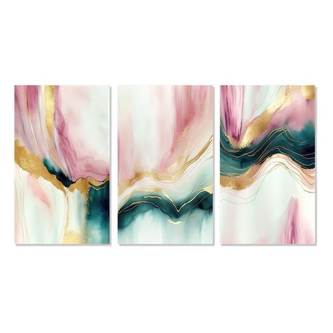 This "Abstract Geode Pink And Green Marble I" Collage is a Collection of 3 Canvas Art printed using the highest quality fade resistant ink on canvas. 3 Canvas Art, Coral Walls, Pink Abstract Art, Set Of 3 Wall Art, Room Painting, Painting Inspo, Pink Abstract, Green Marble, Art Painting Acrylic