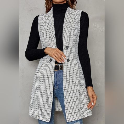 Long Vest Jacket, Elegant Vest, Collar Vest, Plaid Vest, Long Vests, Vest Pattern, Vest Coat, Blazer Outfits, Sleeveless Vest