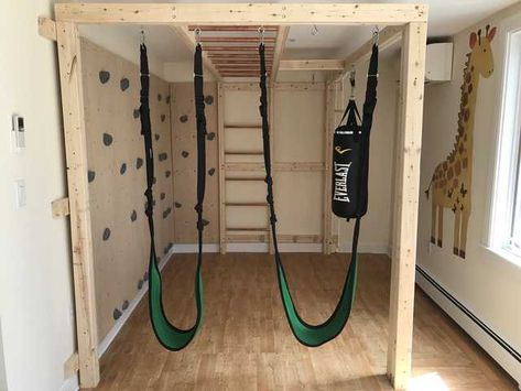 Diy Indoor Jungle Gym, Diy Sensory Gym, Diy Indoor Jungle Gym For Kids, Diy Indoor Monkey Bars, Diy Indoor Play Gym, Basement Jungle Gym, Indoor Play Gym For Kids, Indoor Jungle Gym Diy, Climbing Playroom