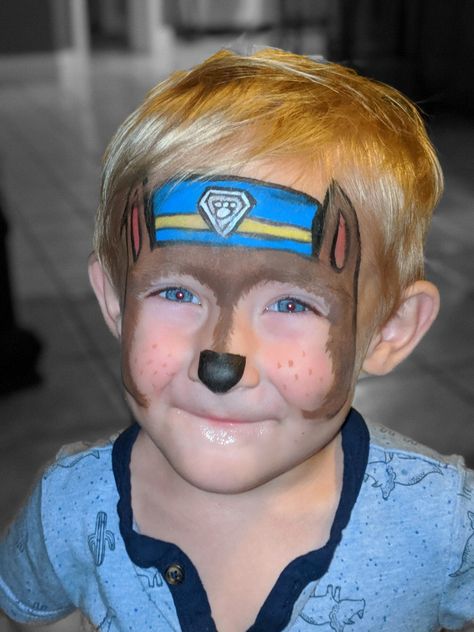 Paw patrol face paint #boyfacepaint #pawpatrol #chase Chase Paw Patrol Face Paint, Paw Patrol Face Paint, Dog Face Paints, Paw Painting, Face Painting For Boys, Face Paint Kit, Chase Paw Patrol, Face Painting Easy, Dog Pin