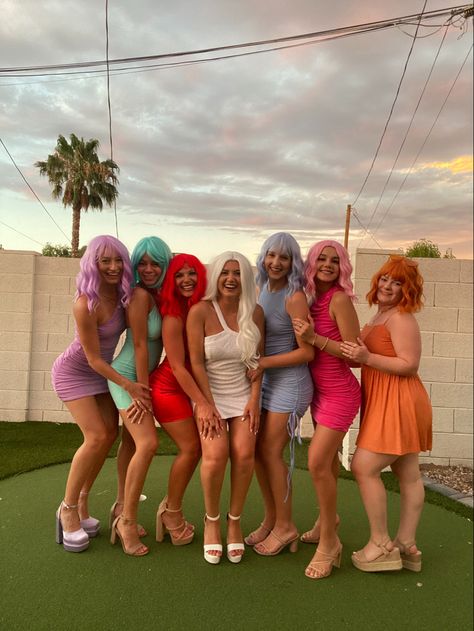 Bachelorette Wigs Night, Bachelorette Colour Theme Outfits, Color Wig Bachelorette Party, Wigging Out Bachelorette Party, Colored Wig Outfit Bachelorette, Color Wigs Bachelorette Party, Wig Hens Party, Monochromatic Outfit Party Theme, Bachelorette Party Wig Night Outfits