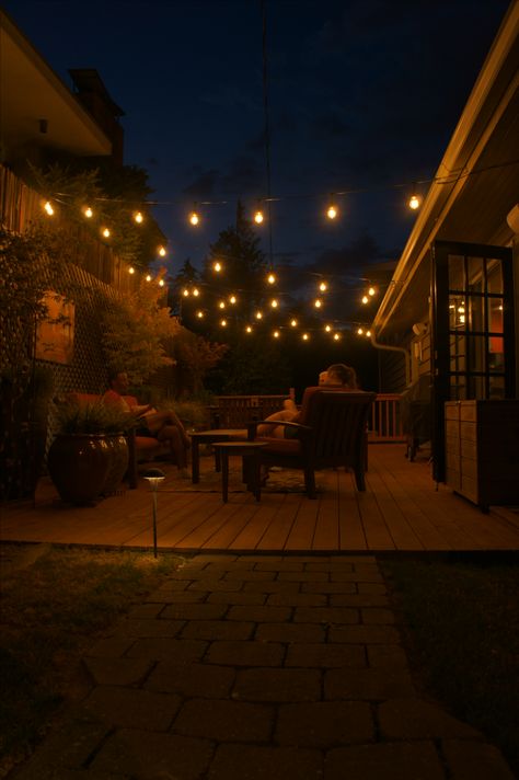 Backyard Patio Lights, Backyard Cafe Light Ideas, Patio Cafe Lights, Outdoor Cafe Lights Patio, Fairy Lights Backyard, Lampu Cafe Outdoor, Patio Bistro Lights, Cafe Lights Backyard, Patio Lights