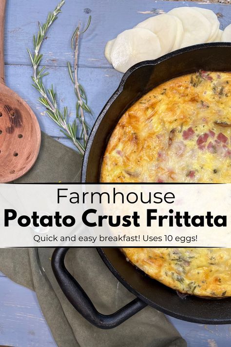 There is a cast iron skillet with a frittata full of pieces of ham and cheese melted on top. Ham Frittata, Sausage Frittata, Egg Frittata, Potato Crust, Potato Frittata, Ham Potato, Frittata Recipe, Protein Packed Meals, Cheese Frittata