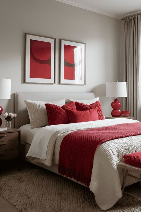 White Bedding With Red Accents, Red Color Palette Bedroom, Red Accent Bedroom Ideas, Red Comforter Bedroom Ideas, Bedroom Red Aesthetic, Room Decor Ideas Red, Red Room Design, White Red Bedroom, Red Dorm Room Ideas