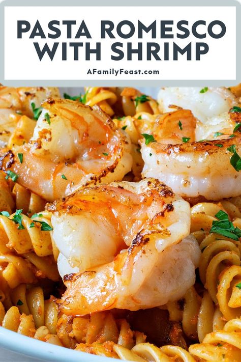 Pasta And Shrimp, Romesco Sauce Recipe, Romesco Sauce, Cooked Pasta, Frozen Shrimp, Yummy Pasta Recipes, Family Feast, Shrimp Pasta, Pasta Shapes